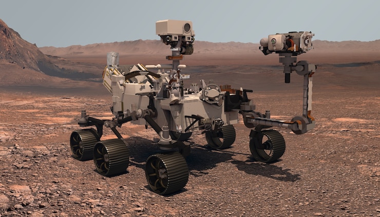 Marte. O rover Perseverance implanta seu equipamento contra o pano de fundo de uma verdadeira paisagem marciana. Explorando a Missão a Marte. Colônia em Marte. Elementos deste vídeo fornecidos pela NASA. Renderização 3D.