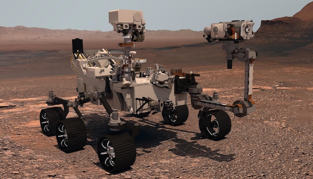 Marte O rover Perseverance implanta seu equipamento contra o pano de fundo de uma verdadeira paisagem marciana