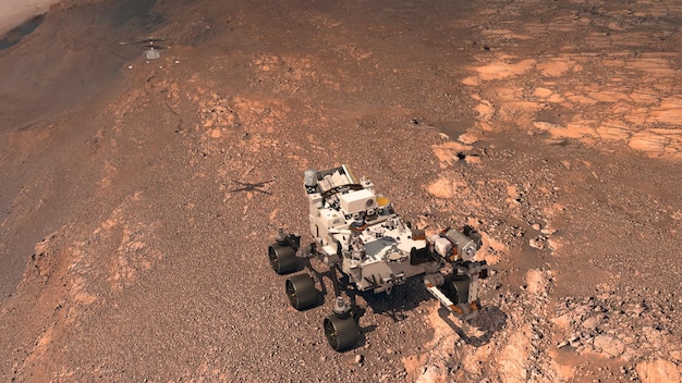 Marte O rover Perseverance implanta seu equipamento contra o pano de fundo de uma verdadeira paisagem marciana