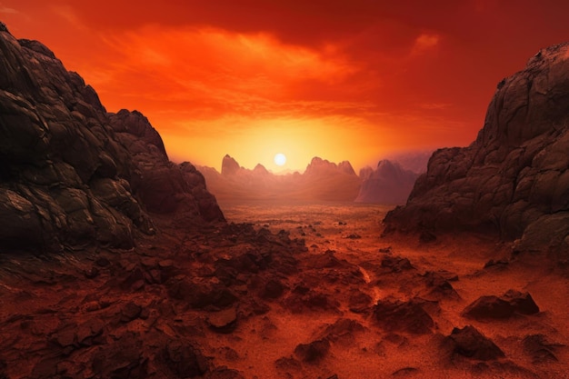 Marte puesta de sol naranja con horizonte polvoriento y paisaje rocoso creado con ai generativo