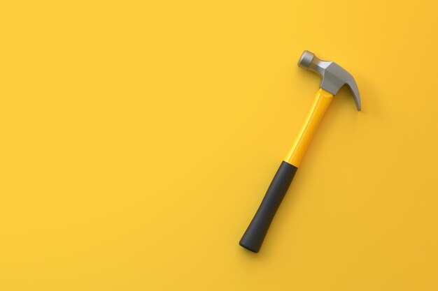 Foto martelo de garra com cabo de plástico amarelo isolado em fundo amarelo vista superior minimalismo renderização 3d