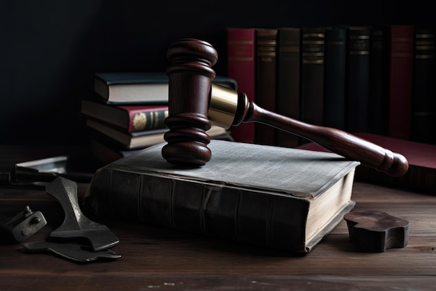 Foto martelo de tema de direito do juiz martelo de madeira na mesa de madeira martelo de direito legal em uma mesa com livros de direito ai generated