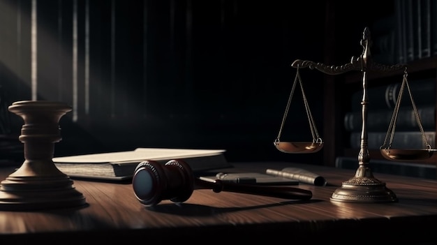 Martelo de tema de lei do martelo de madeira do juiz na mesa no tribunal generative ai
