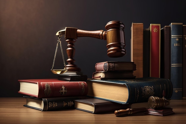 Martelo de tribunal e julgamento de livros e conceito de lei