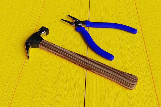 Foto martelo e alicates em um fundo de madeira amarelo ferramentas 3d renderização