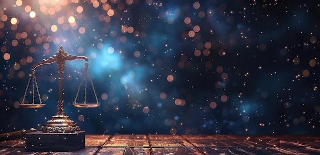 Martelo e balança de justiça em mesa de madeira em fundo bokeh azul escuro Conceito para negócios de direito