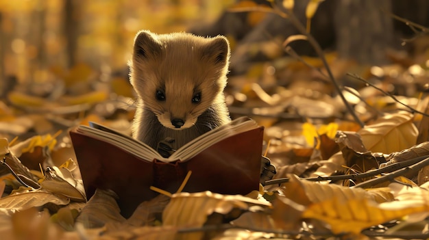 Foto una martena de pino linda y curiosa está sentada en una pila de hojas caídas leyendo un libro