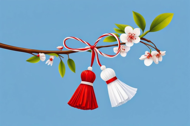 Martenitsa vermelha e branca ou boneca Martisor pendurada nos galhos da árvore em flor romeno