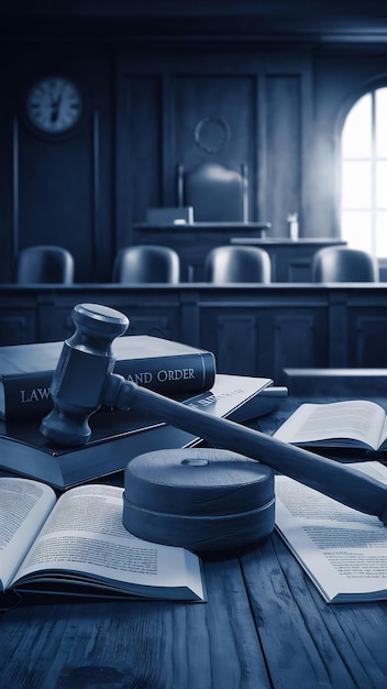 Martillo de la corte y libros juicio y concepto de derecho