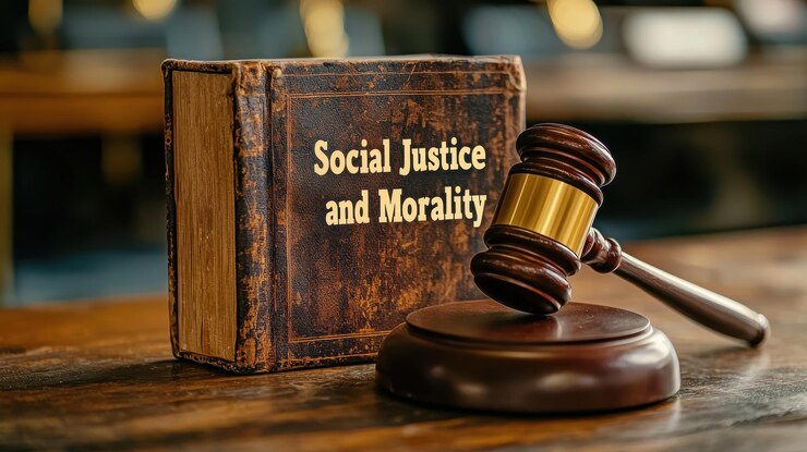 Un martillo descansa al lado del libro titulado Justicia Social y Moralidad que simboliza la importancia de la ley y la ética. La imagen transmite sentido de autoridad y reflexión sobre la justicia.