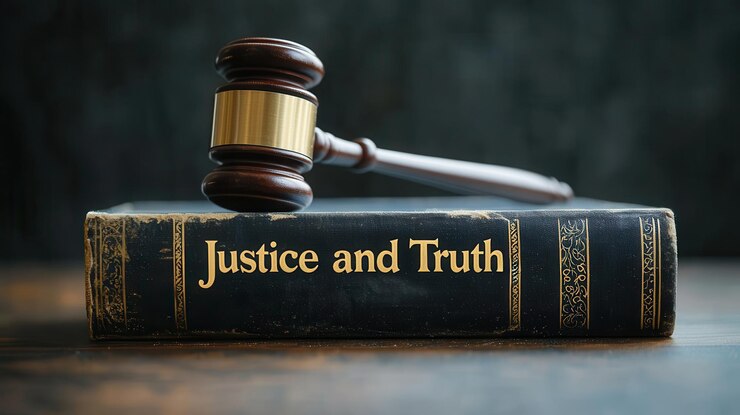 Un martillo descansa sobre un libro titulado Justicia y Verdad que simboliza la ley y el orden. La imagen transmite un sentido de autoridad e integridad.