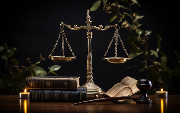 Martillo judicial con balanzas de justicia en una mesa de madera