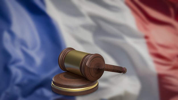 El martillo de madera en la bandera de Francia para la representación 3d del concepto de leyes