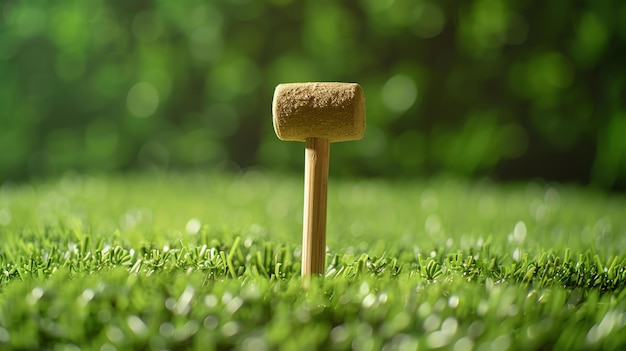 Un martillo de madera se encuentra en un campo de hierba verde El martillo está en foco mientras que el fondo está borroso
