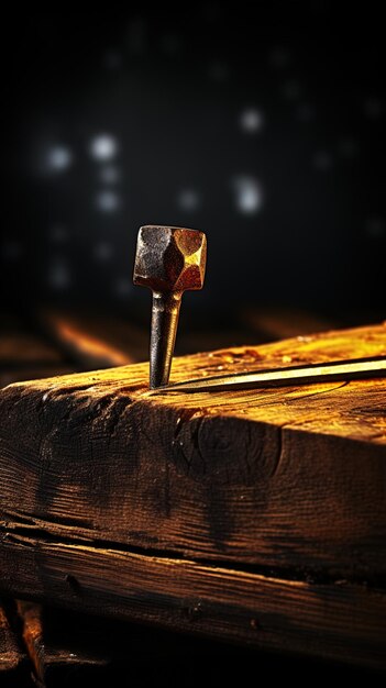 un martillo en una mesa de madera con un fondo oscuro