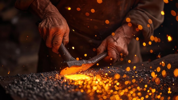 martillos de herrero ancianos forjando metal fundido en forma artesanía metalúrgica