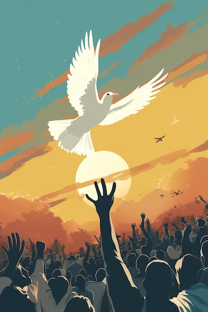 Martin-Luther-King-Tag-Illustration einer Taube, die einen Olivenzweig trägt und über einer Friedensmenge fliegt
