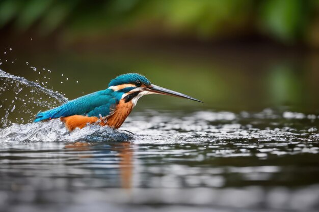 Un martín pescador nadando en un río con un pez en el pico.