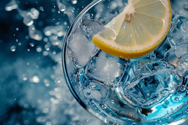 Martini azul dinámico con limón y hielo