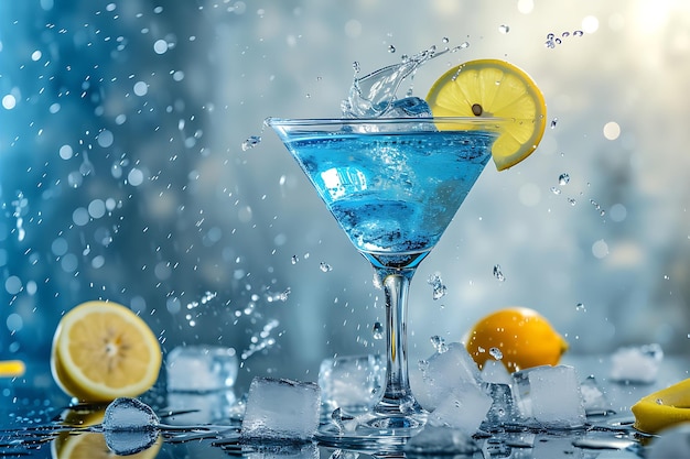 Martini azul dinámico con limón y hielo