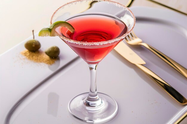 Foto martini cosmopolita tradicional con borde azucarado y giro de limón