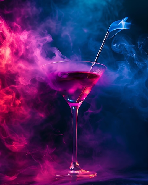 Martini rosado en un vaso con humo giratorio