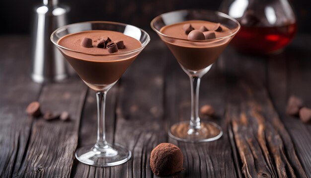 Foto martini de trufa de chocolate en un cóctel sobre un fondo de madera oscura