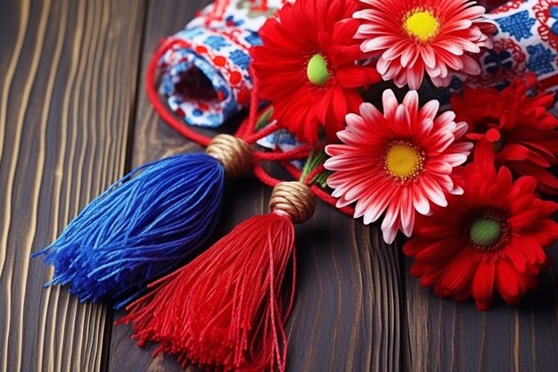 Un martisor de flores con pompones de lana en un fondo de madera rústica