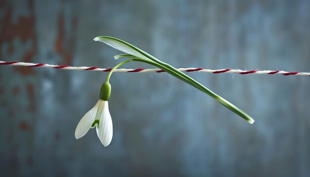 Foto un martisor minimalista con una sola flor de nevada delicada unida a una cuerda roja y blanca