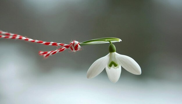 Foto un martisor minimalista con una sola flor de nevada delicada unida a una cuerda roja y blanca