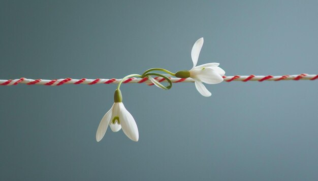 Foto un martisor minimalista con una sola flor de nevada delicada unida a una cuerda roja y blanca