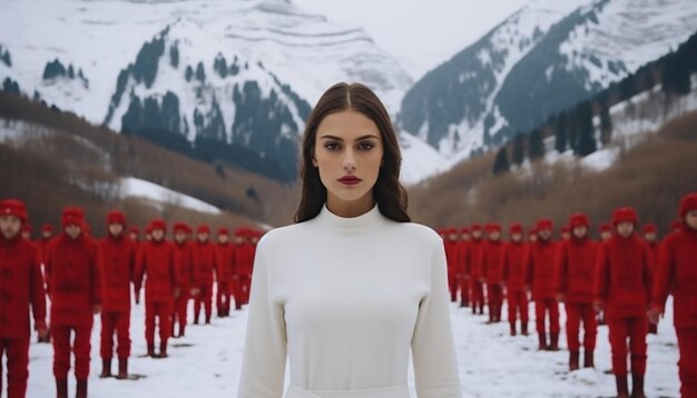 Foto martisor rojo y blanco contra el telón de fondo de un paisaje nevado rumano