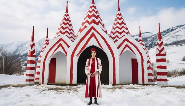 Foto martisor rojo y blanco contra el telón de fondo de un paisaje nevado rumano