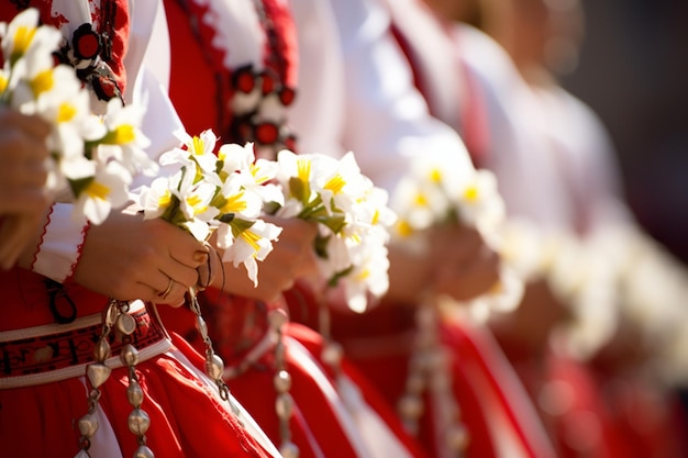 Foto martisor-symbol mit einer traditionellen rumänischen tanztruppe