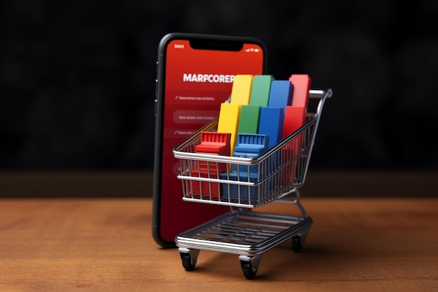 Martphone-App-Bildschirmmodell mit Supermarkt-Einkaufswagen und Kartons mit Kopierplatz