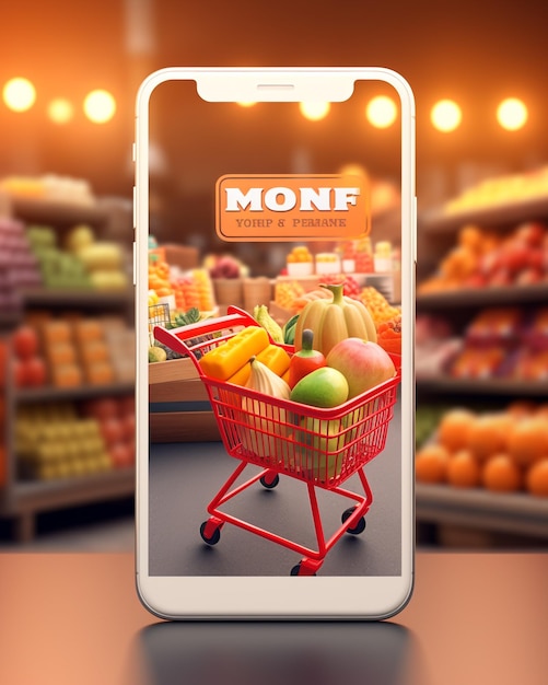 Martphone-App-Bildschirmmodell mit Supermarkt-Einkaufswagen und Kartons mit Kopierplatz