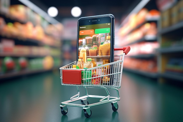 Martphone-App-Bildschirmmodell mit Supermarkt-Einkaufswagen und Kartons mit Kopierplatz