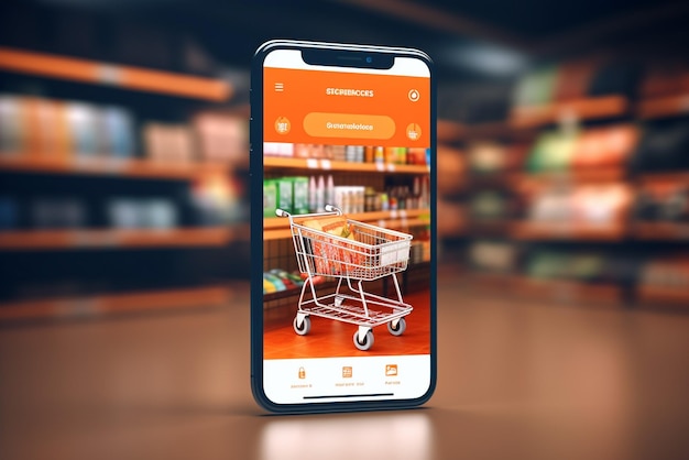 Martphone-App-Bildschirmmodell mit Supermarkt-Einkaufswagen und Kartons mit Kopierplatz