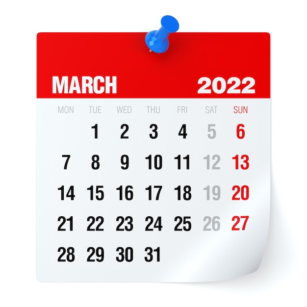 Marzo de 2022 - calendario. Aislado sobre fondo blanco. Ilustración 3D