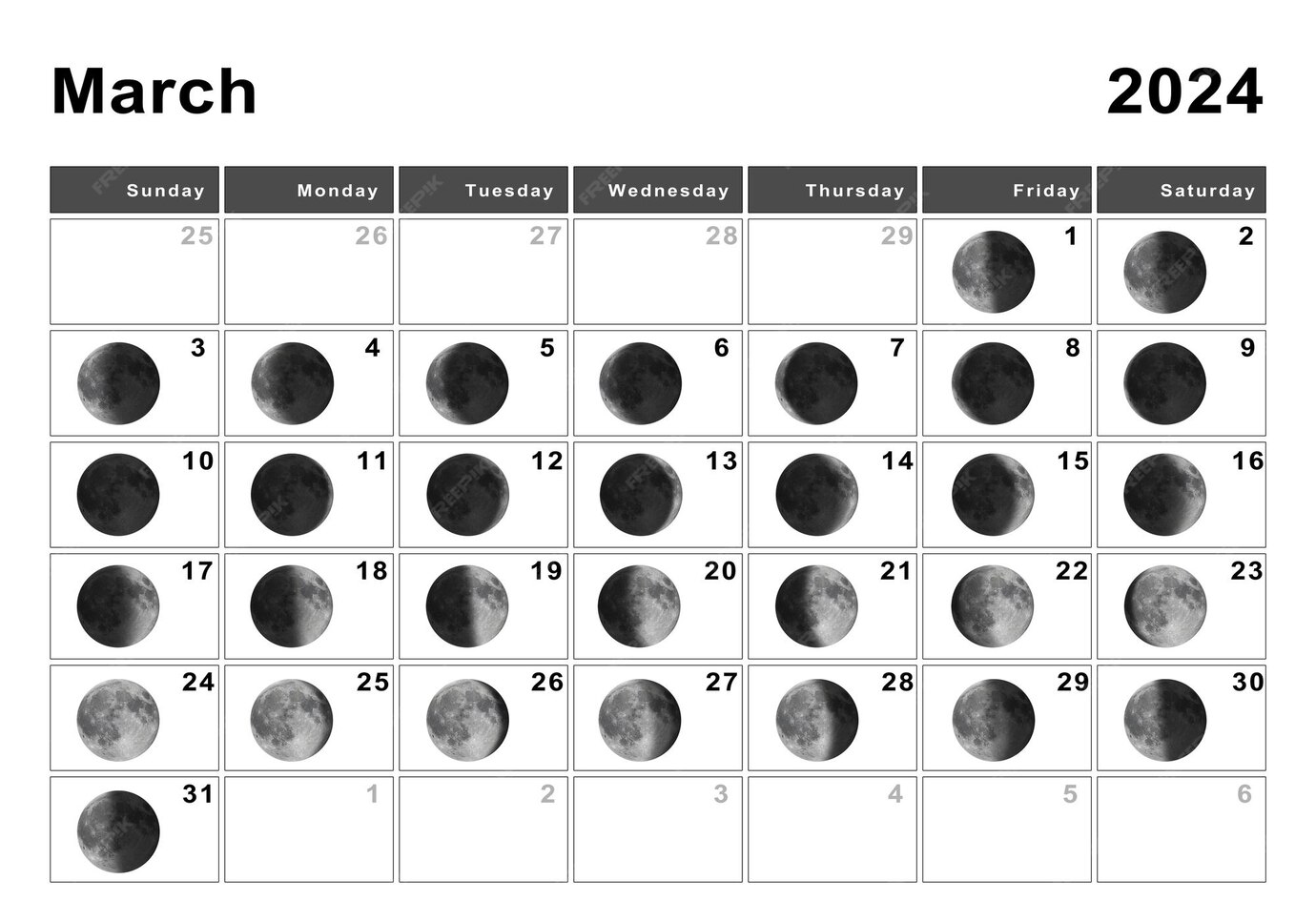 Marzo 2024 Calendario lunar, Ciclos lunares, Fases lunares Foto Premium