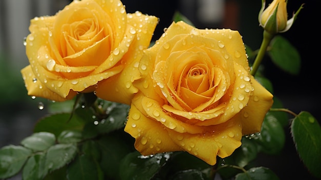 La más maravillosa amarilla dos rosas flores gotas de agua imagen arte generado por IA