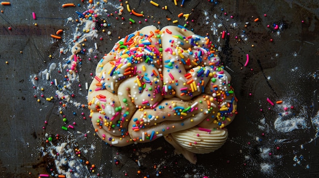 Una masa creativa en forma de cerebro decorada con salpicaduras coloridas sobre un fondo oscuro Un concepto de arte alimentario único y divertido