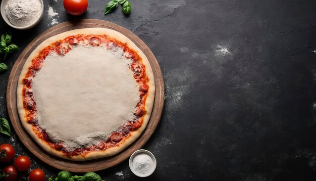 La masa para hacer pizza fresca sobre un fondo rústico oscuro