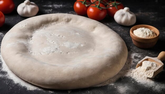 La masa para hacer pizza fresca sobre un fondo rústico oscuro