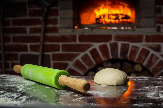 Masa con harina y rodillo sobre la mesa Pastelería casera para pan o pizza Fondo de panadería