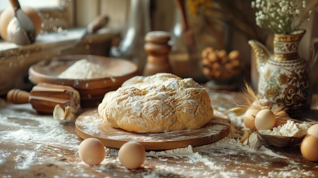 La masa de ingredientes alimenticios en la tabla de cortar rodeada de huevos y harina para hornear