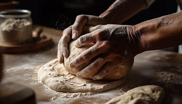 Masa de pan artesanal amasada en mesa de madera generada por IA