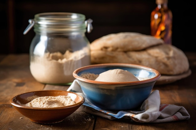 Masa de pan de masa fermentada en un tazón con un frasco de arranque al lado creado con ai generativo