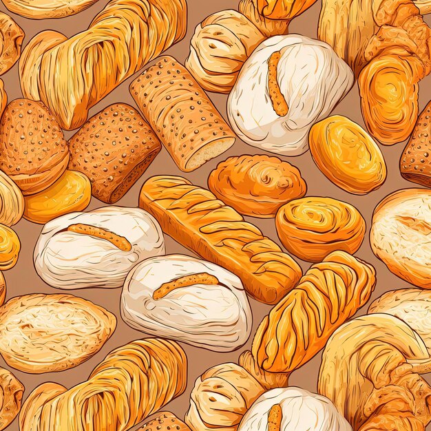 Foto masa de pan y rollos hechos a mano con un patrón sin costuras al estilo de la secesión vienesa