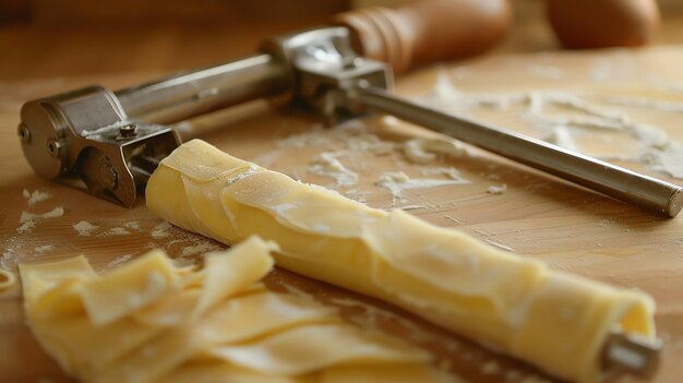 La masa de pasta recién hecha se enrolla en una mesa de madera La pasta es delgada y delicada y los bordes están ligeramente enroscados